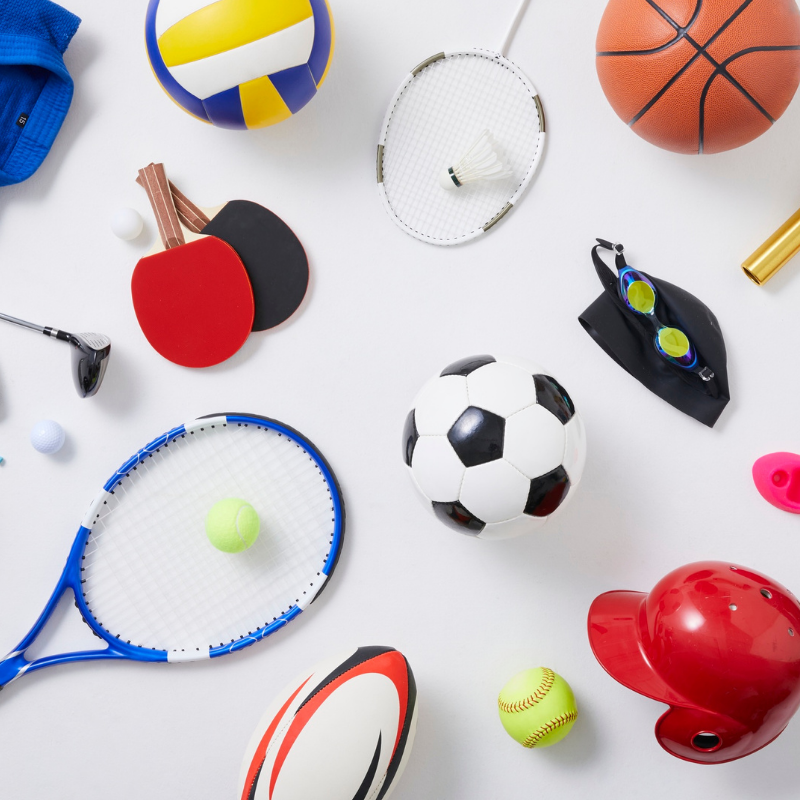 sports grid 4 a bunch of sports equipment including various balls and bats