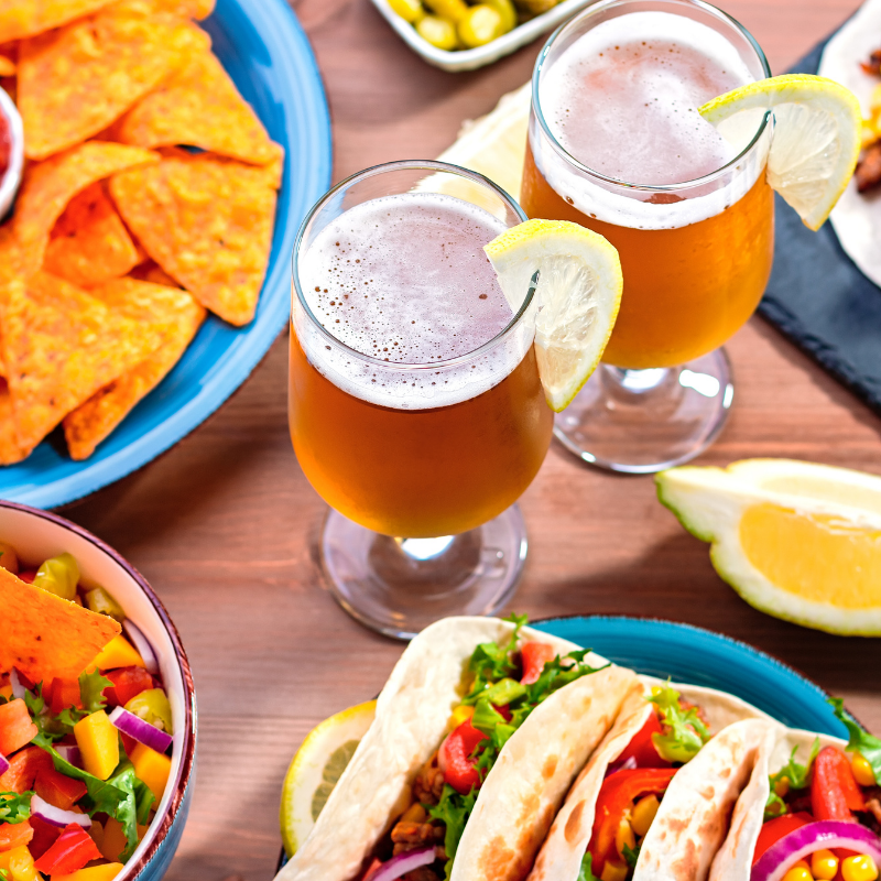 food grid 1 glasses of beer and food on a table